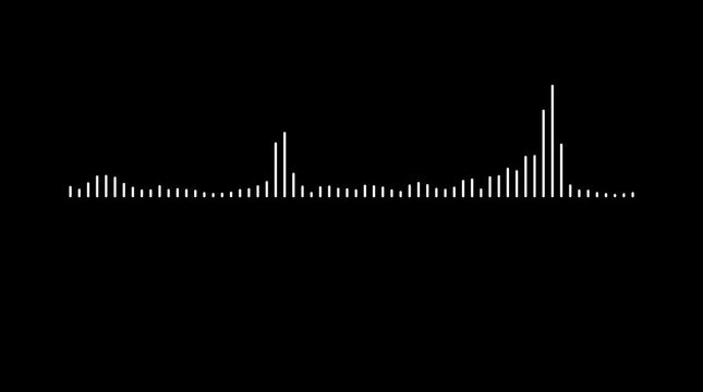 Audio spectrum visualizer animation on black background, white music sound waves, futuristic digital waveform frequency lines, abstract oscillation and equalizer pattern 4k