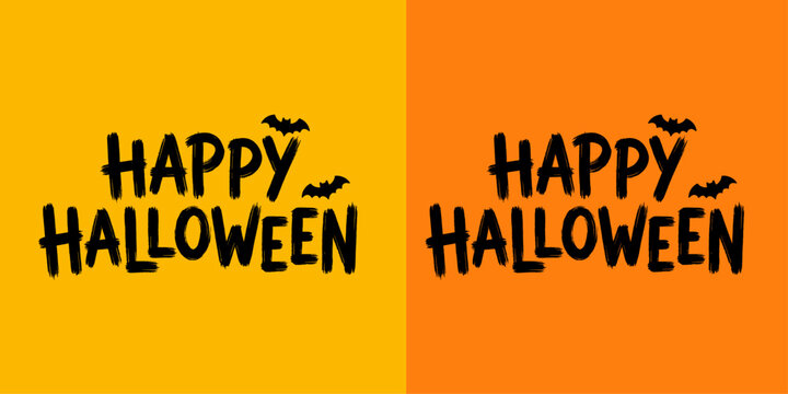 Four vibrant happy halloween typography designs with autumnal leaf accents and warm backgrounds