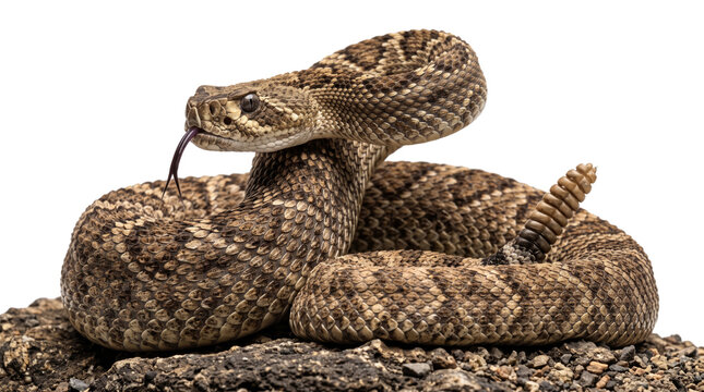 Coiled venomous rattlesnake poised with raised head.
