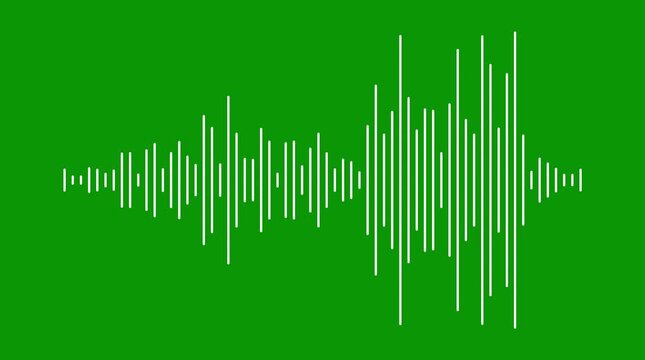Digital music sound waveform animation on green background, white audio spectrum visualizer, futuristic frequency waves, abstract equalizer lines, dynamic oscillation 4k