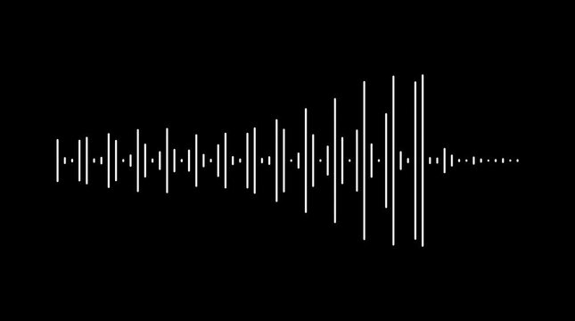 Dynamic audio wave spectrum on black background, futuristic white music waveform animation, digital frequency equalizer lines, abstract sound visualization and oscillation 4k