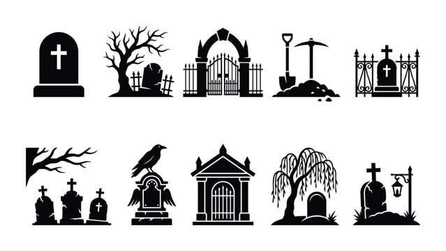Spooky graveyard tombstone and cemetery gate vector silhouettes for Halloween themes