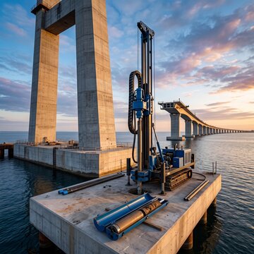 Offshore bridge foundation site with drilling rig and soil sample barrel