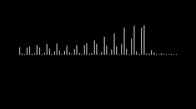 Sound audio waveform animation on black background, white futuristic spectrum visualizer, digital music frequency waves, abstract equalizer oscillation and audio lines 4k