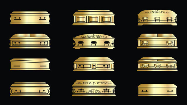 Gold coffin funeral casket collection with various luxury metal designs for mortuary and burial service templates