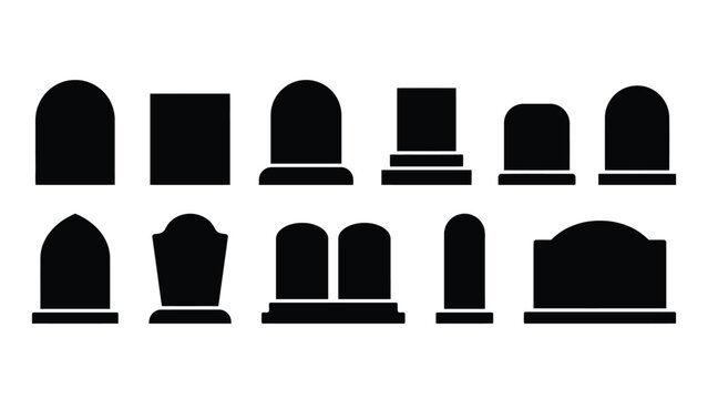 Set of various tombstone silhouettes and grave headstone shapes for cemetery memorial graphic design