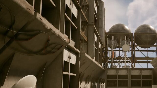 A large industrial building with rows of antennas and equipment. It appears to be a working site during the day with a clear sky.