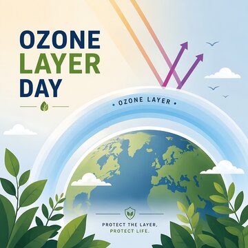 Ozone Layer Day environmental poster, Earth protection concept with UV radiation shield, green leaves and planet earth illustration