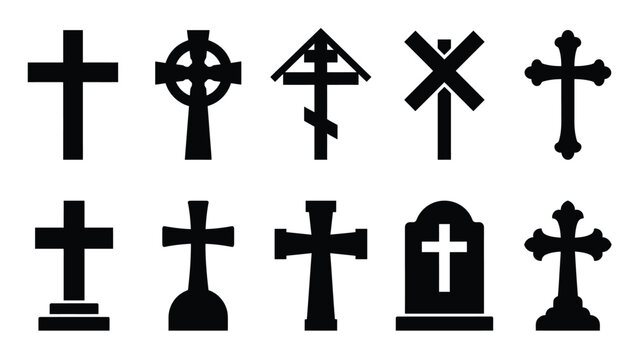 Set of black graveyard cross silhouettes and headstone symbols on white background for burial site design