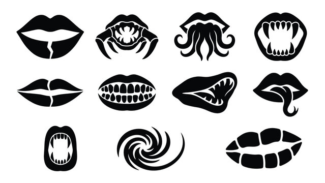 Monster mouth and creepy lips silhouettes with fangs and tentacles for horror character design