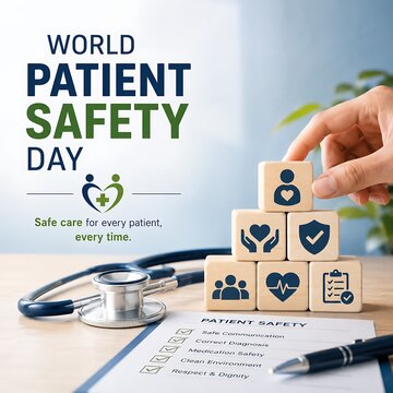 World Patient Safety Day concept, medical healthcare quality banner, stethoscope and wooden blocks with icons on desk