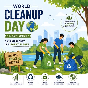 World Cleanup Day poster illustration, volunteers cleaning park environment, eco-friendly community event for a green planet