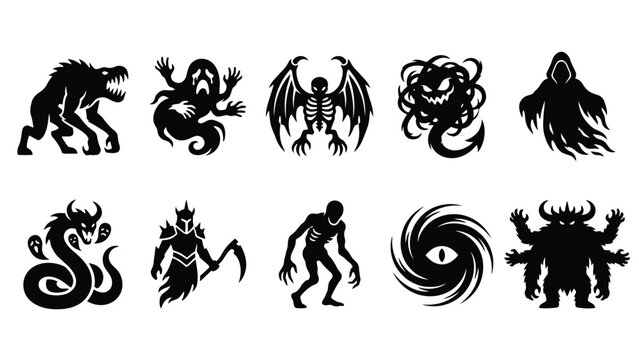 Black and white spooky monster vector set ideal for halloween or horror themed projects