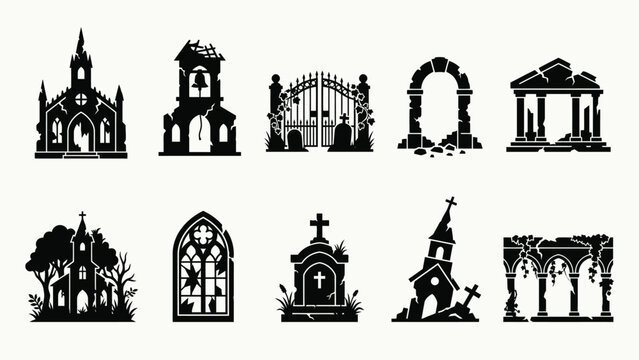 Black and white ruined buildings vector set ideal for horror or post apocalyptic game backgrounds