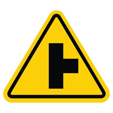 Side road junction warning sign, T-intersection traffic symbol on yellow triangle background.

