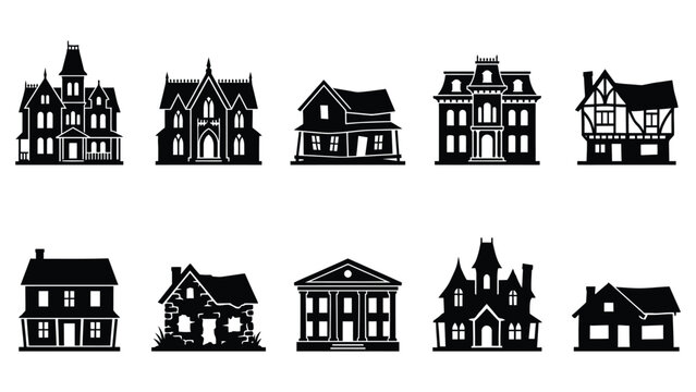 Collection of various spooky haunted houses and spooky buildings