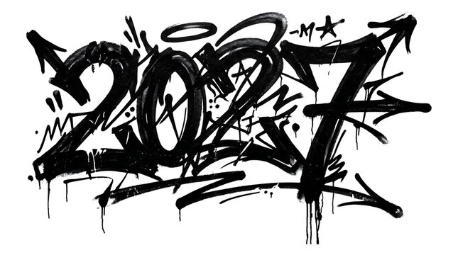 A black graffiti artwork with the year 2027 on a transparent background