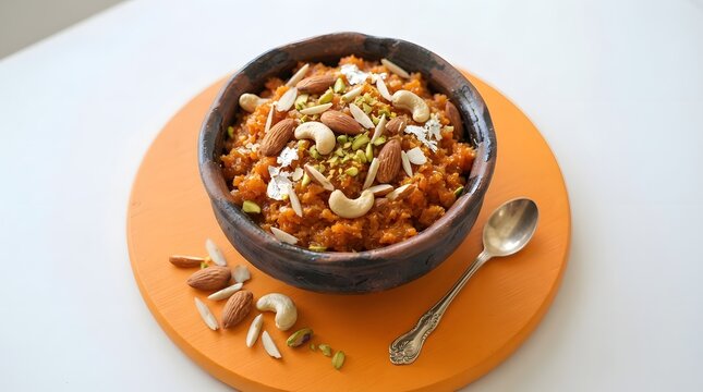 Gajar ka halwa in a clay bowl garnished with almonds, cashews, pistachios and silver leaf, served on an orange wooden board with a spoon