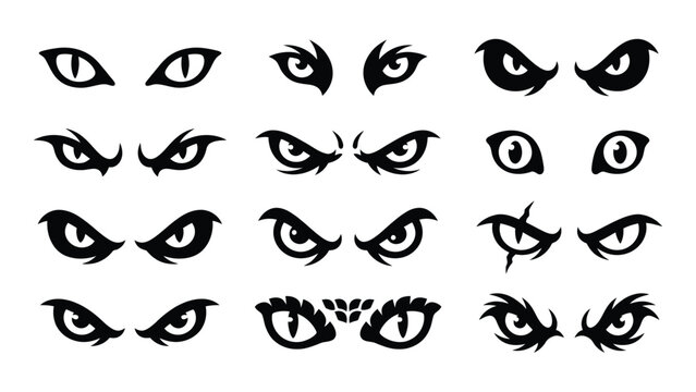 Spooky monster eyes silhouette icons set in black and white style for halloween graphic design