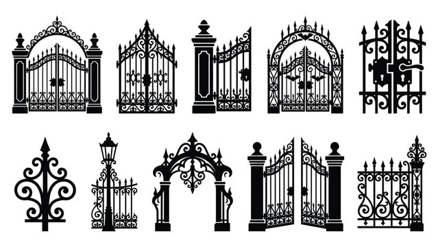 Gothic wrought iron cemetery gates and fence silhouettes collection for architecture and halloween art