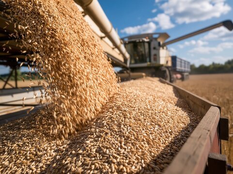 Grain conveyor belt pouring harvested wheat into a trailer on a farm 