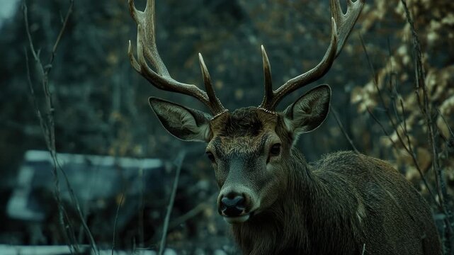 A lone deer stands in a misty forest, its majestic antlers standing out against the soft backdrop.