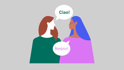 Multilingual communication. Two women greeting each other in Italian and French through speech bubbles. Simple vector illustration © Atlas Illustrations