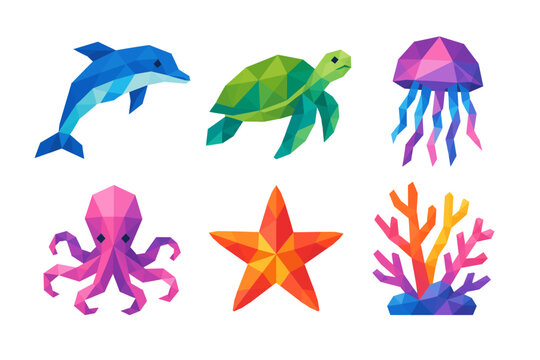 Geometric Ocean Creatures Low Poly Vector Art Collection