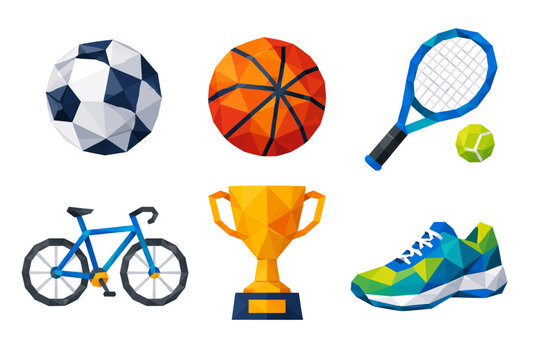 Low Poly Sports Equipment and Trophy Icons Set