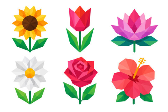 Geometric low poly flower icons set