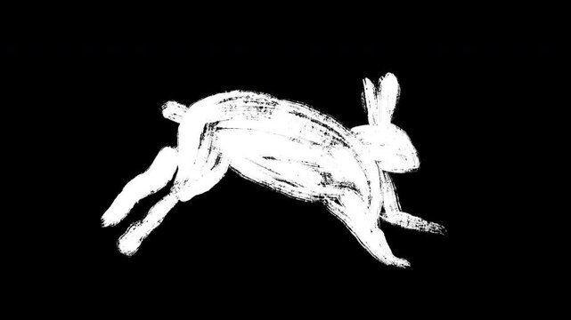 Hand-drawn artistic animation of a fast running rabbit in brush stroke style. Stylized white textured bunny silhouette leaping quickly against dark background, ideal for creative motion graphics