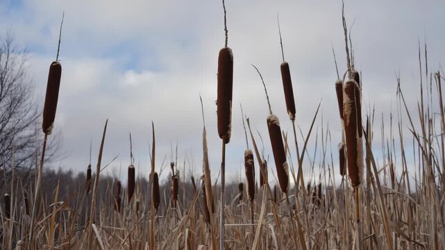 The captures the tranquility of a marshland, where the reeds sway gently and the vibrant colors of cattails contrast beautifully with the surrounding greenery.