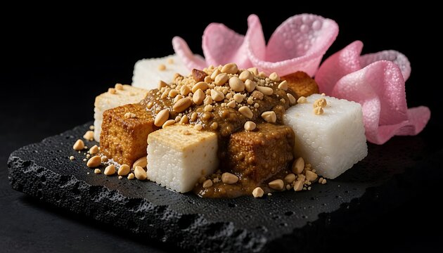 Tahu Tek or Tahu Telor, Indonesian Traditional Food with Peanut Sauce and Crackers on Black Plate