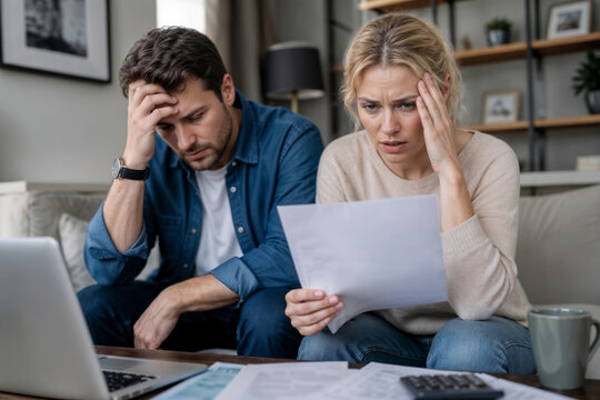 Stressed couple sits on couch, reviewing bills. They show worry, heads in hands. Laptop and calculator sit nearby. This scene reflects financial stress or family budgeting