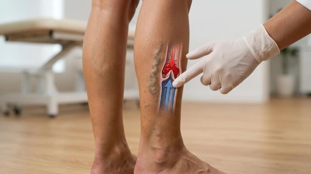 Circulatory ailment explanation: doctor point, human leg, varicose vein, vascular problem, blood vessel, vein disease, valve fault, pain symptom, health care.