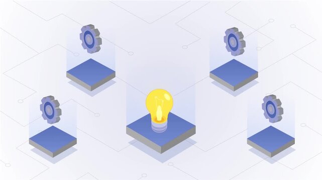 Glowing yellow lightbulb center surrounded by rotating mechanical gears in this isometric digital animation footage for business innovation strategy concepts