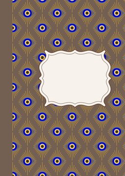 Vintage notebook cover with evil eye pattern, ornate brown journal with blank label, traditional nazar amulet stationery design