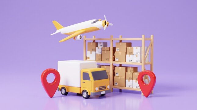 Global logistics and delivery concept, 3D render of a yellow delivery truck, airplane, and warehouse shelves with cardboard boxes. Efficient worldwide shipping and cargo transportation services.