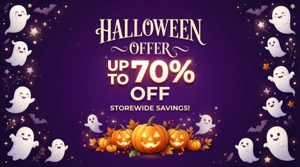 Naklejka premium Halloween offer banner with spooky ghosts and glowing jack-o'-lanterns up to 70% off savings jack o lantern halloween promotion discount floating seasonal decorations