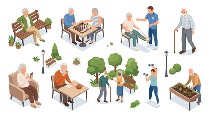 Naklejka premium Vibrant senior park scenes with elderly people engaging in leisure activities and social interactions outdoor