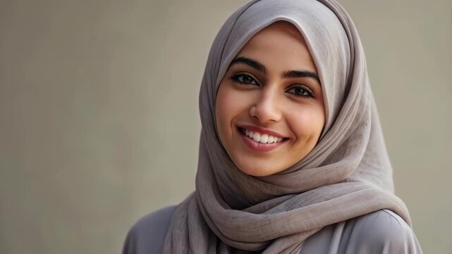 Smiling Young Woman in Hijab Portrait Against Plain Background, Face Smile Neutral SEO Friendly
