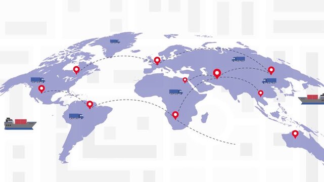 Global logistics supply chain network animation showing trucks and cargo ships moving along connected routes on a world map background