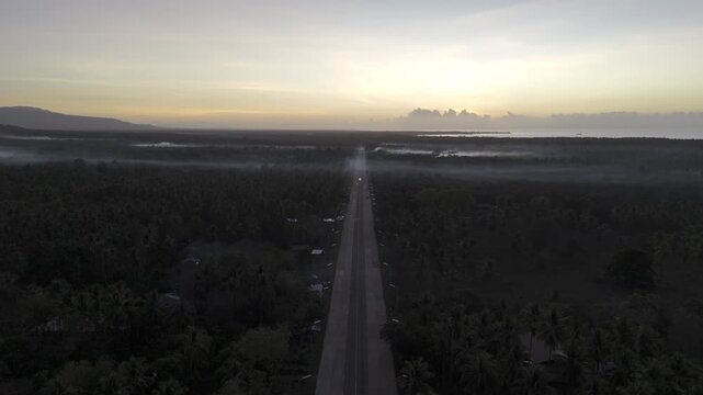 Aerial drone view of Straight highway through vast coconut plantations near Brooke's Point at dawn