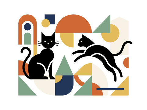 Abstract geometric art with two playful black cats