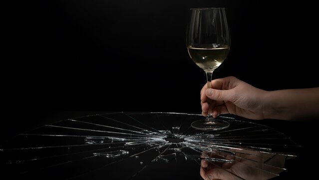 Hand holding a glass of white wine over a shattered glass table on a black background