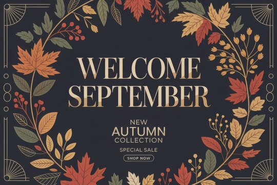 Autumn promotional banner with maple leaves, "welcome september" text, and special sale announcement