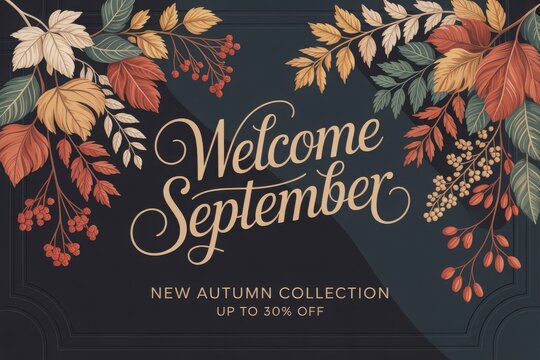 Autumn floral welcome banner with sale announcement, featuring chrysanthemums and maple leaves maple leaf