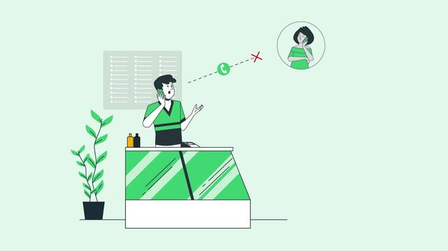 Frustrated worker attempting failed phone call connection in modern office setting animation video clip showing digital communication error and struggle