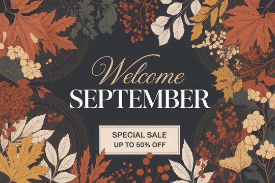 Autumn-themed sale announcement with orange maple leaves and white text on dark background