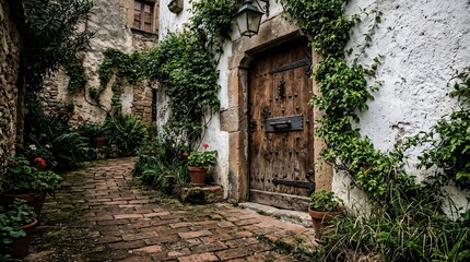 Fototapeta premium Terracotta brick path leading to antique wooden door with iron handles, rough stucco wall with creeping ivy, moody dramatic lighting